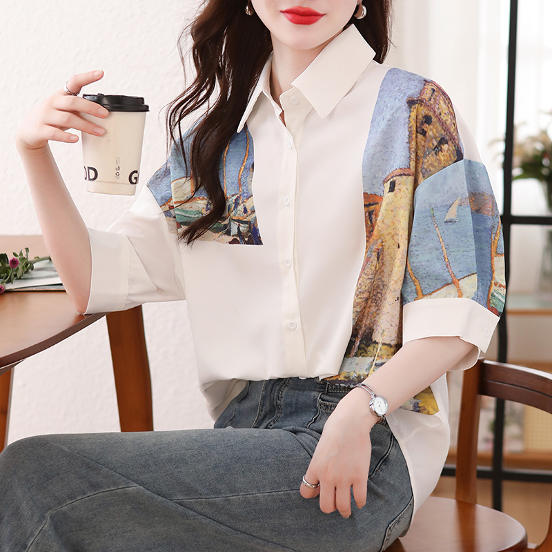 Printing white loose splice summer short sleeve shirt