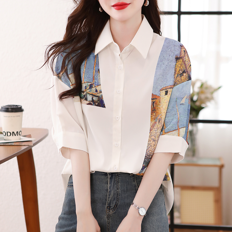 Printing white loose splice summer short sleeve shirt