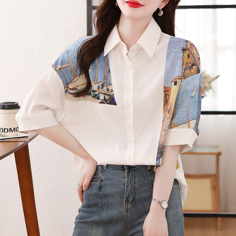 Printing white loose splice summer short sleeve shirt