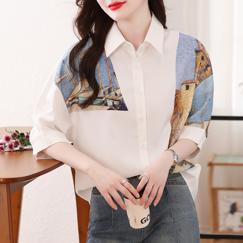 Printing white loose splice summer short sleeve shirt