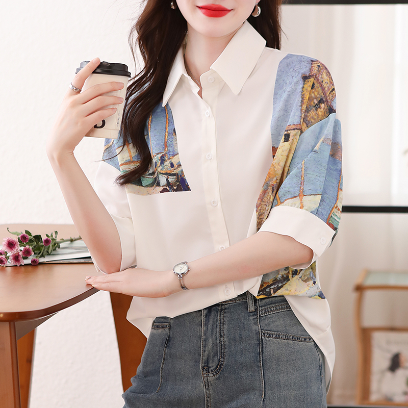 Printing white loose splice summer short sleeve shirt