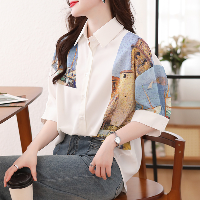 Printing white loose splice summer short sleeve shirt