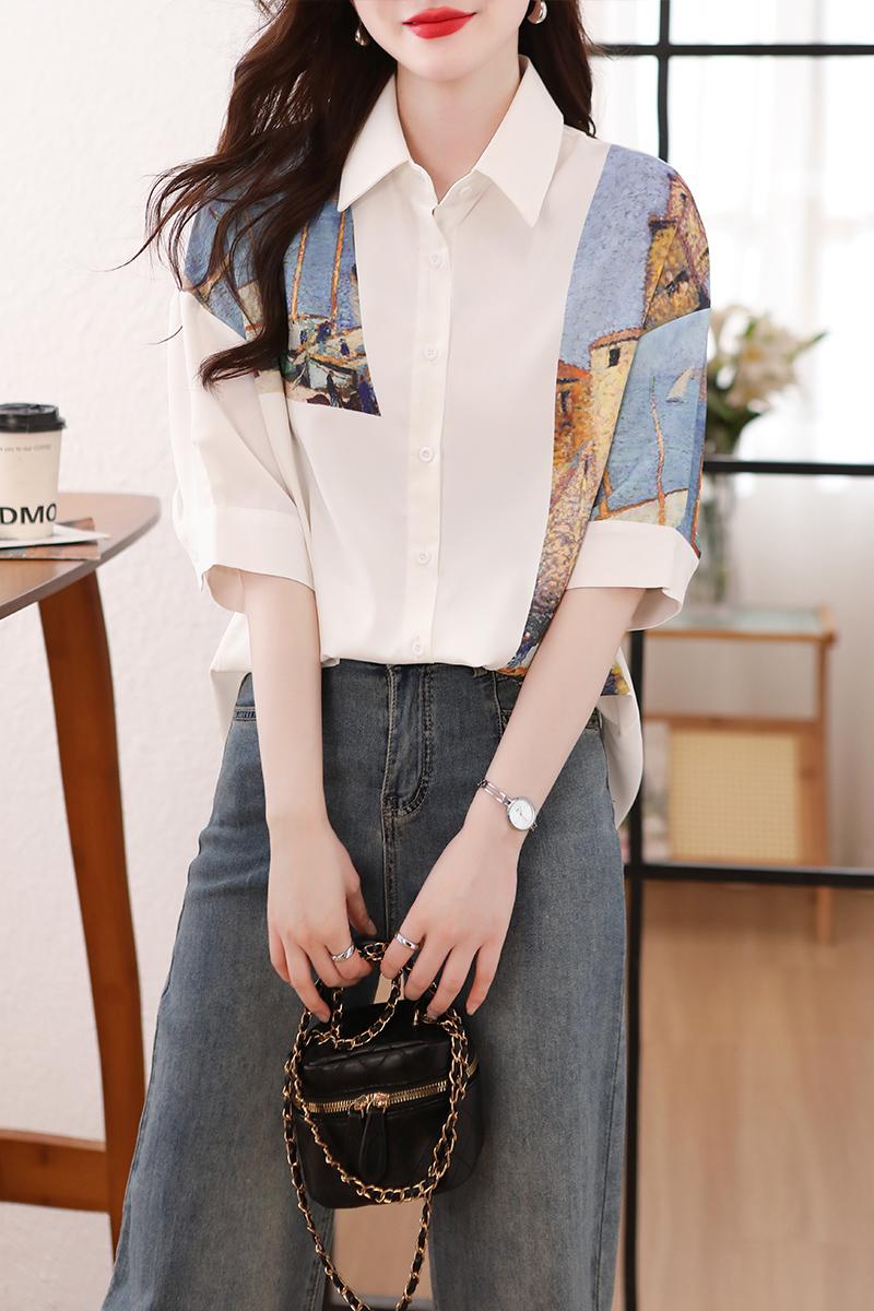 Printing white loose splice summer short sleeve shirt