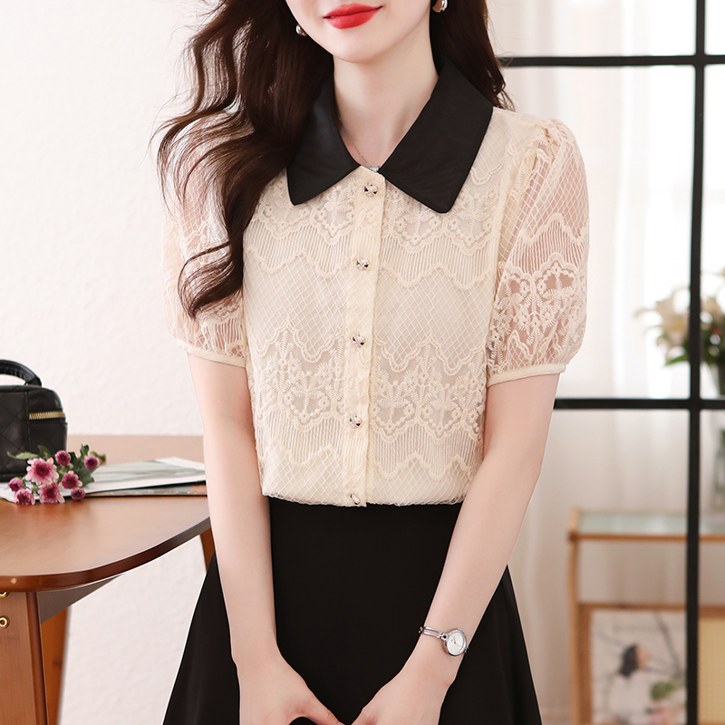 Organza lantern sleeve lapel slim shirt for women