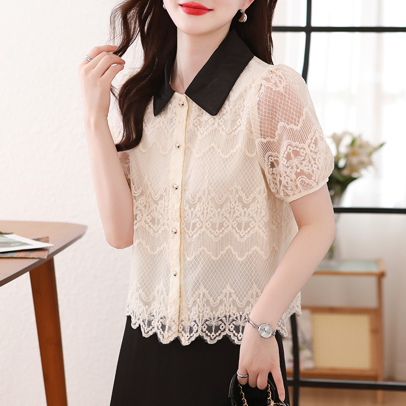 Organza lantern sleeve lapel slim shirt for women