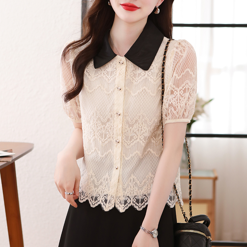 Organza lantern sleeve lapel slim shirt for women