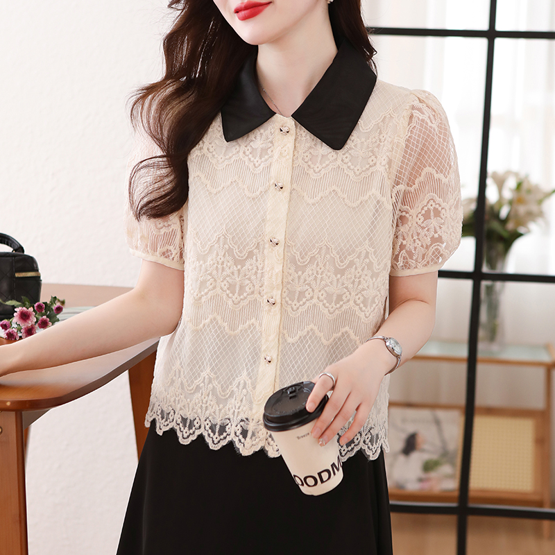 Organza lantern sleeve lapel slim shirt for women