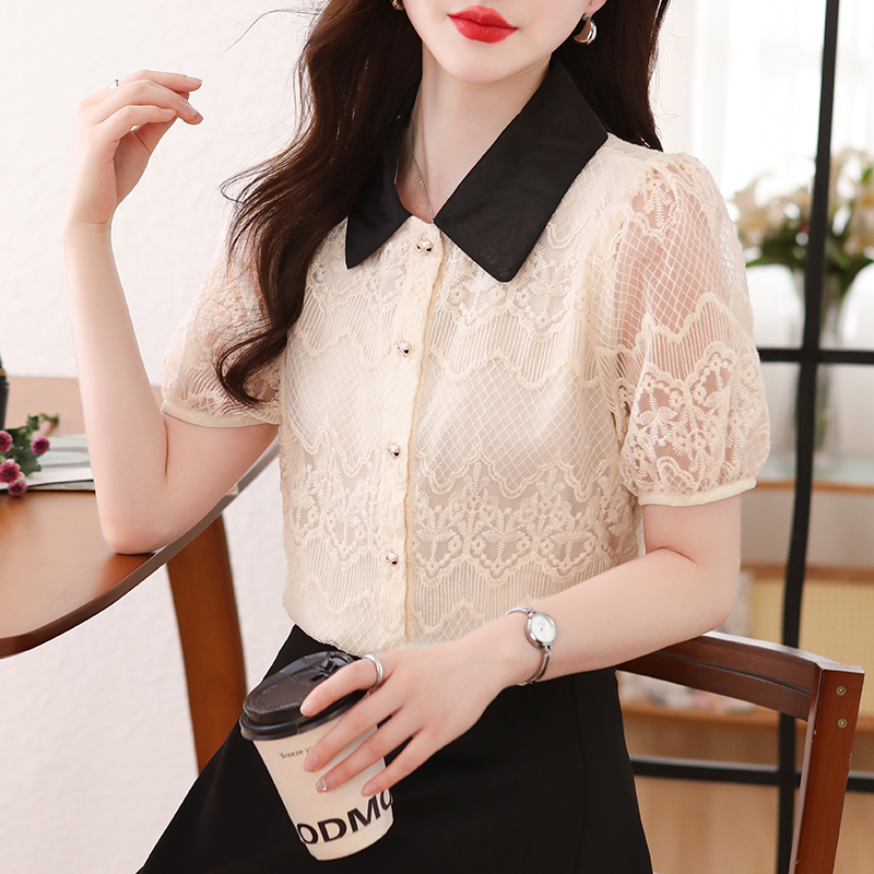 Organza lantern sleeve lapel slim shirt for women