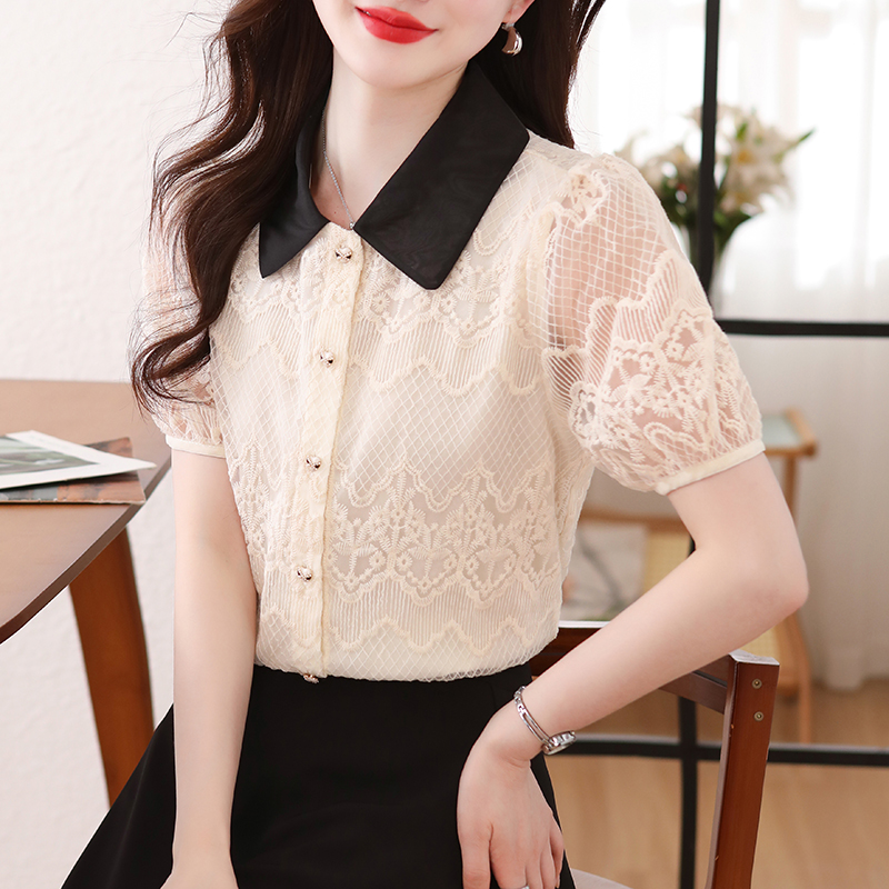 Organza lantern sleeve lapel slim shirt for women