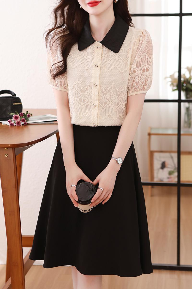 Organza lantern sleeve lapel slim shirt for women