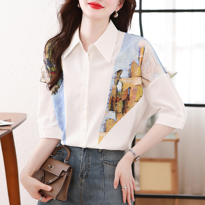 Loose summer splice tops white short sleeve shirt for women