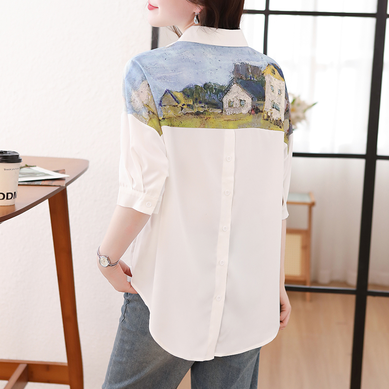 Loose summer splice tops white short sleeve shirt for women