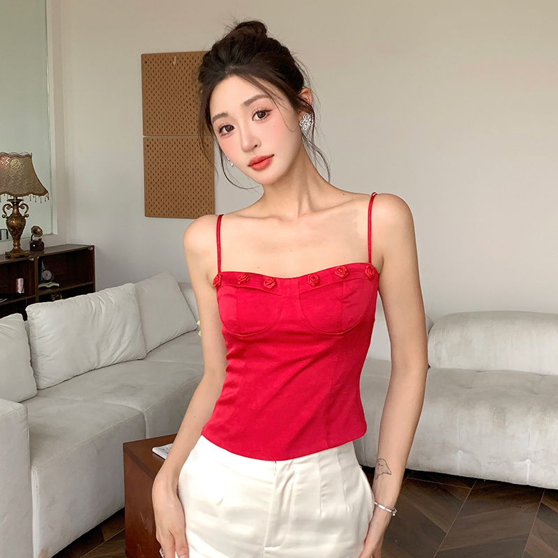 France style satin sling tops red short vest for women