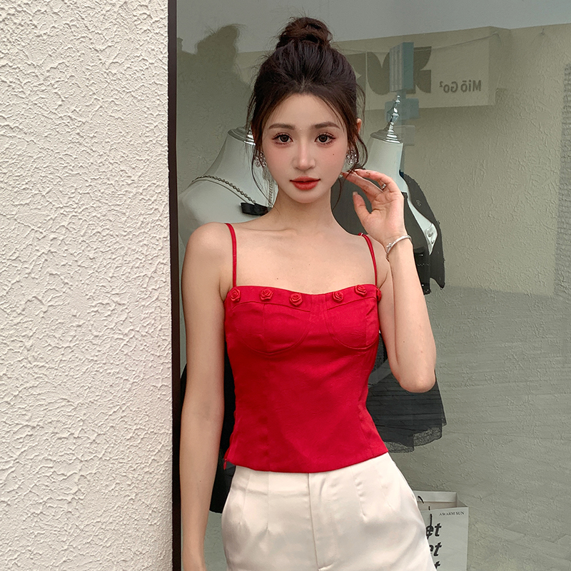 France style satin sling tops red short vest for women