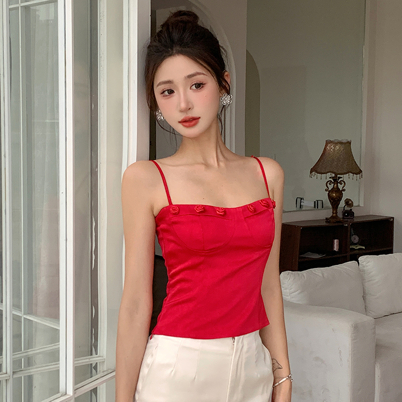 France style satin sling tops red short vest for women