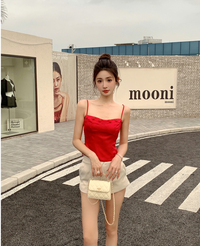 France style satin sling tops red short vest for women