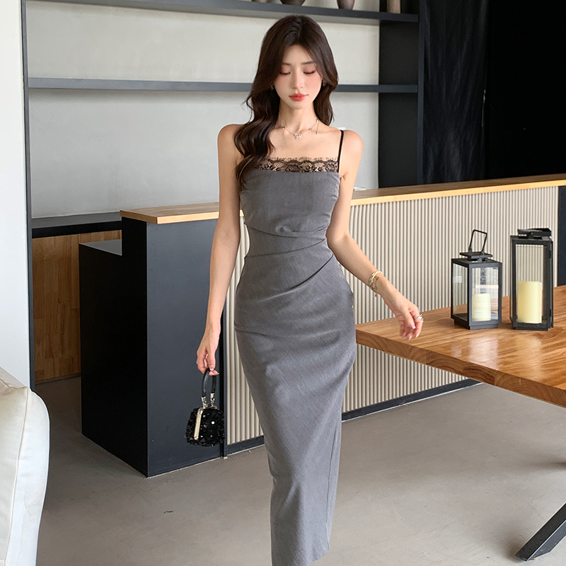 Package hip lace gray fold sling splice dress