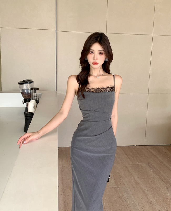 Package hip lace gray fold sling splice dress