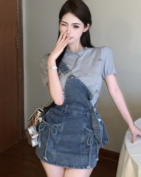 A-line bow strap dress all-match washed T-shirt for women