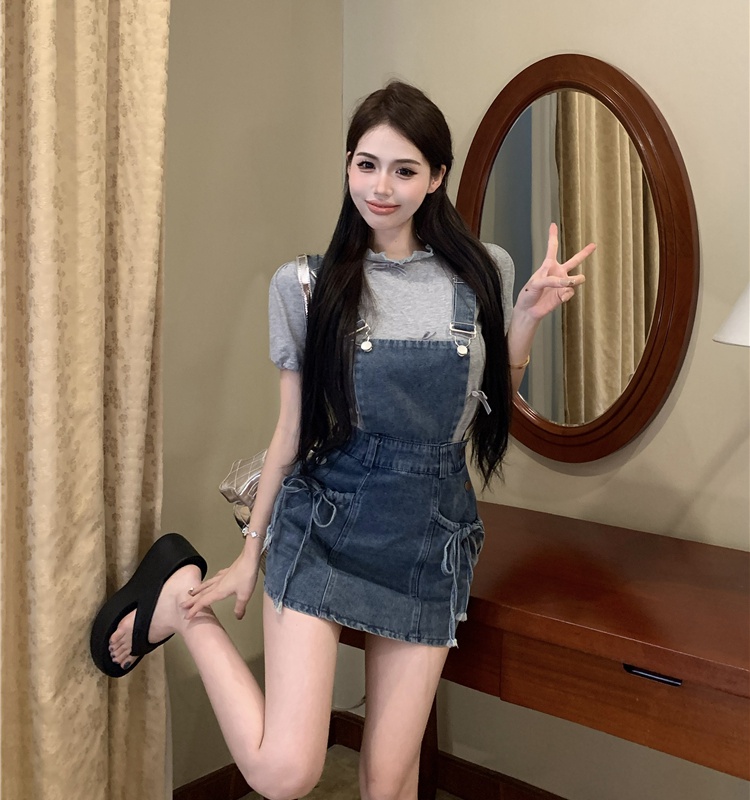 A-line bow strap dress all-match washed T-shirt for women