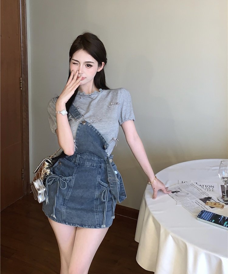 A-line bow strap dress all-match washed T-shirt for women