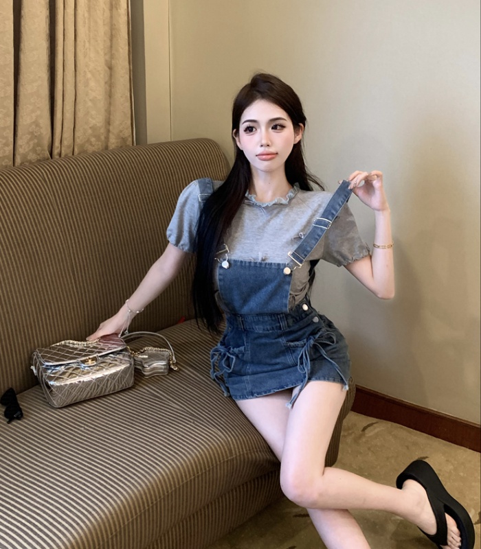 A-line bow strap dress all-match washed T-shirt for women