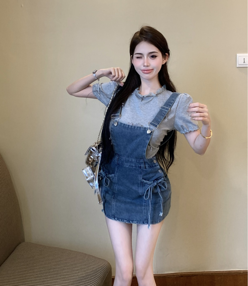 A-line bow strap dress all-match washed T-shirt for women