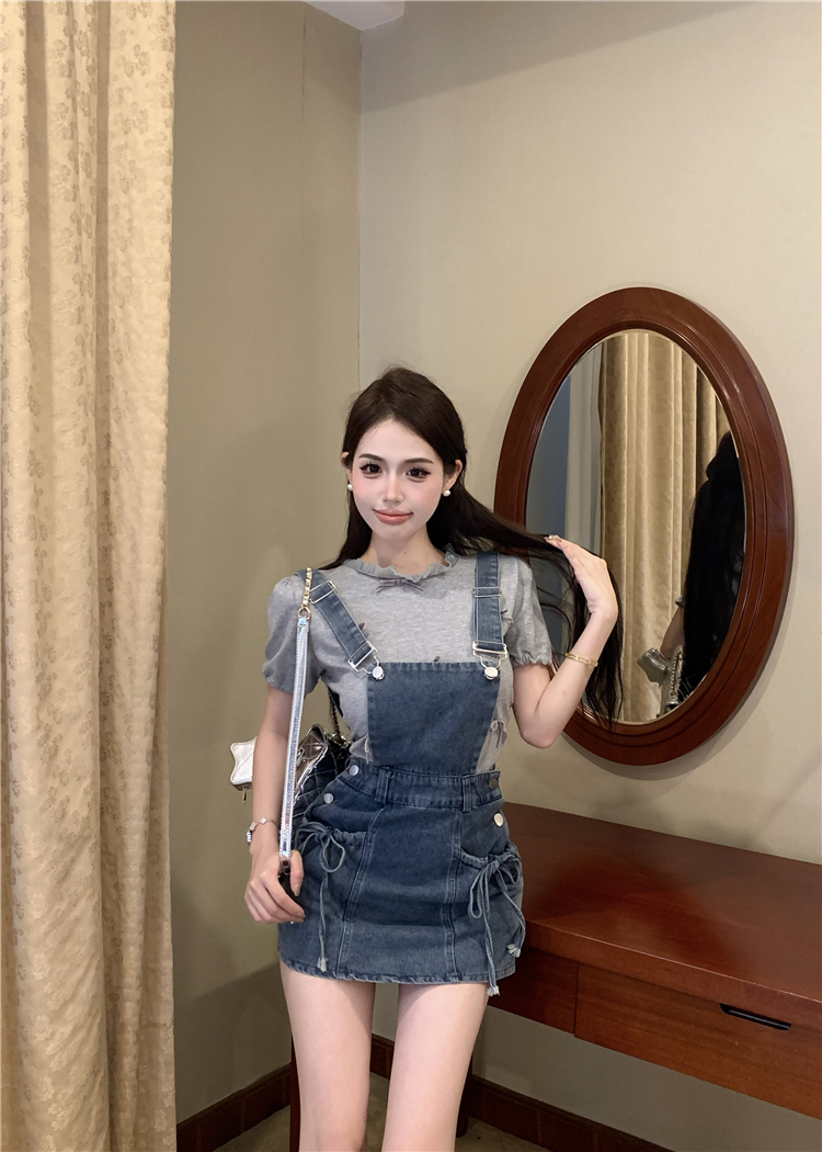 A-line bow strap dress all-match washed T-shirt for women