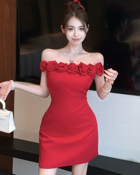 Temperament tight red sexy flat shoulder dress