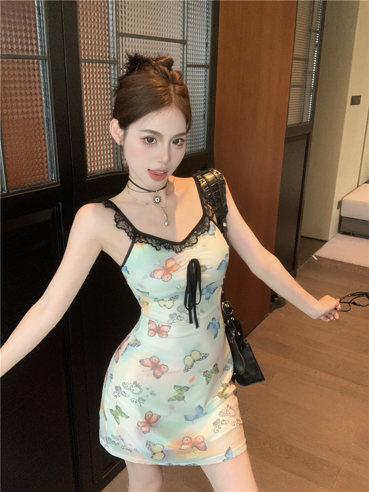 Sling floral printing dress summer butterfly niche T-back