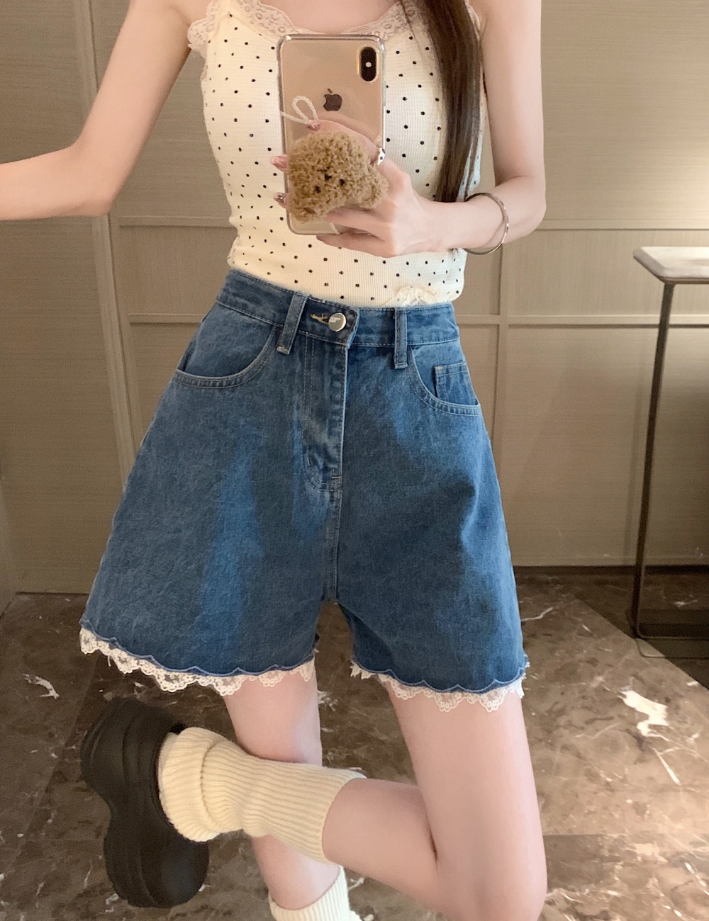 Korean style retro jeans embroidery splice shorts for women