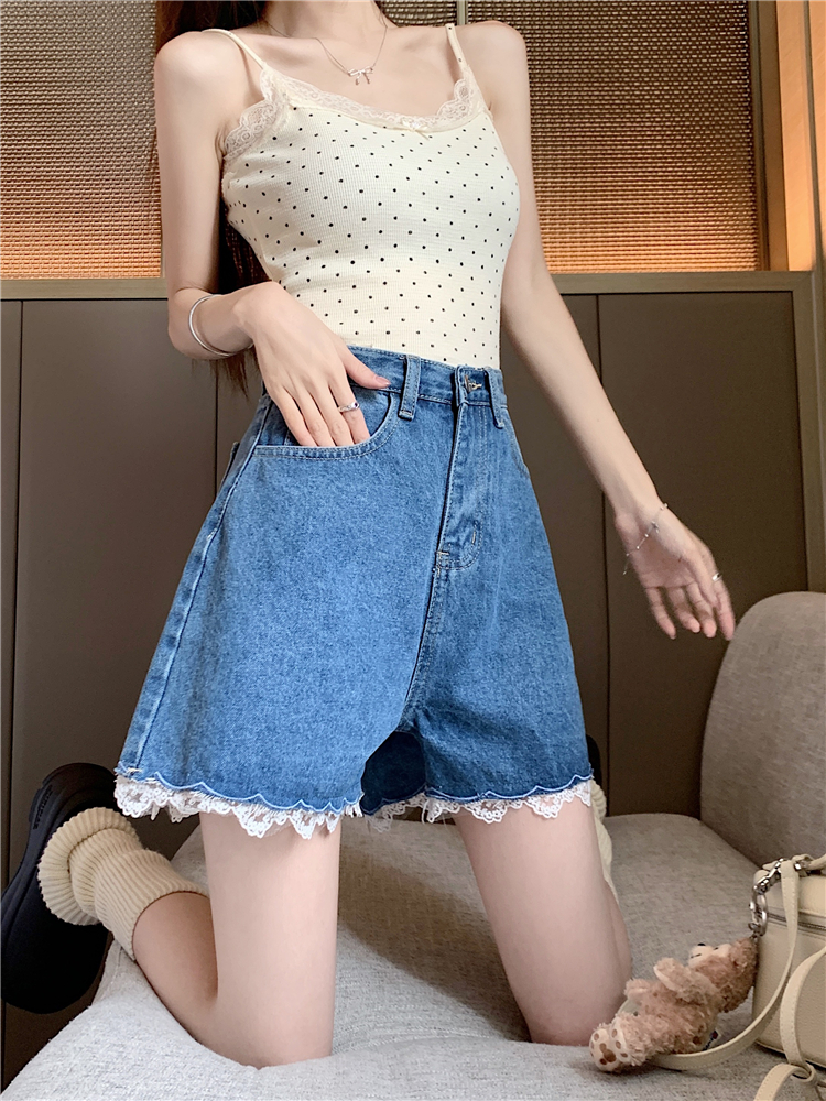 Korean style retro jeans embroidery splice shorts for women