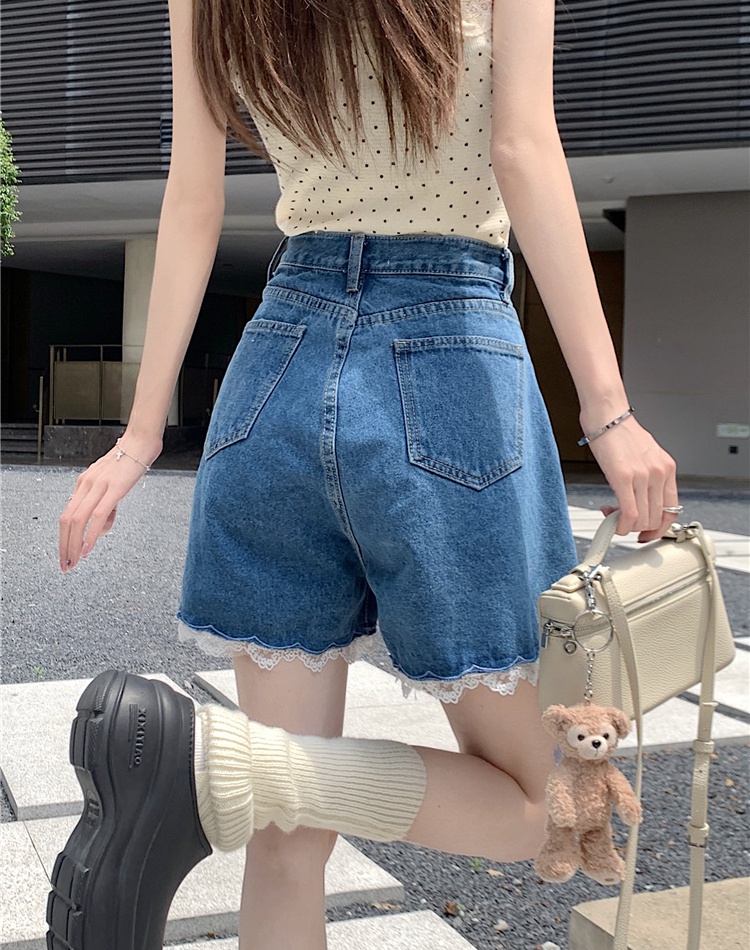 Korean style retro jeans embroidery splice shorts for women