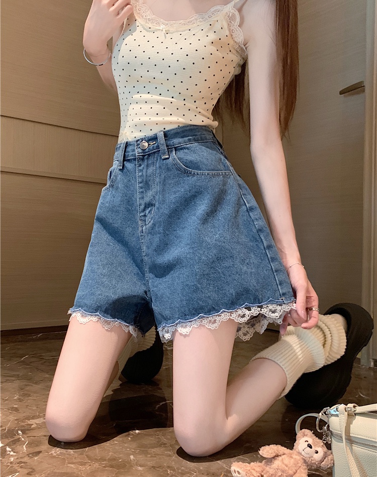 Korean style retro jeans embroidery splice shorts for women