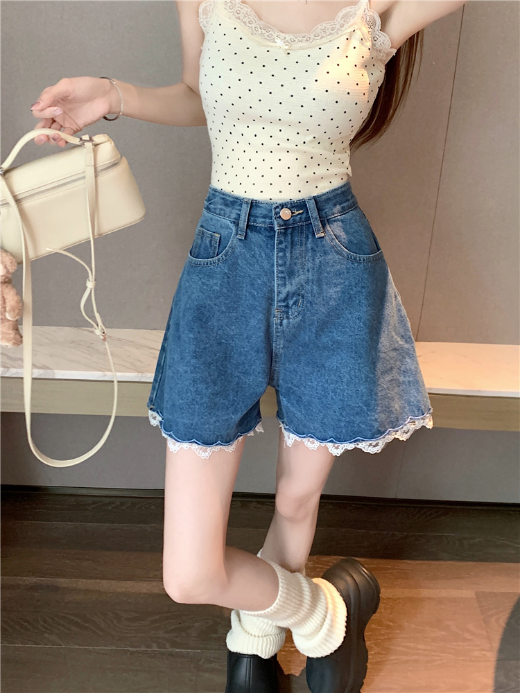 Korean style retro jeans embroidery splice shorts for women