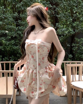 Romantic bow sweet floral wrapped chest summer dress
