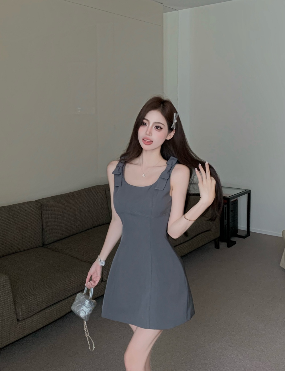 Slim playful show young strap dress show high bow dress