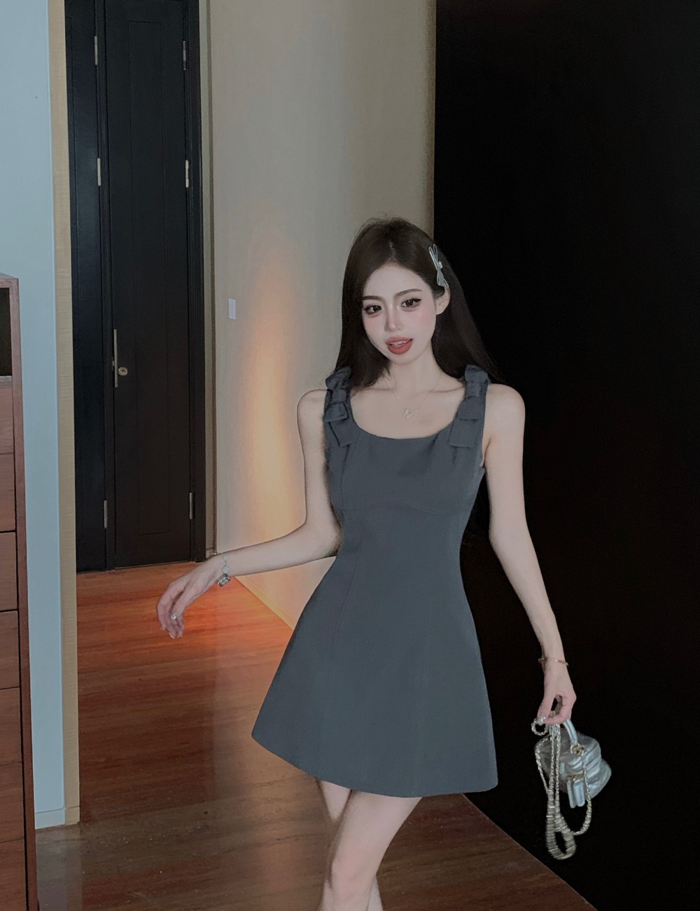 Slim playful show young strap dress show high bow dress