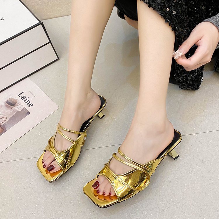 Lady middle-heel fine-root slippers for women