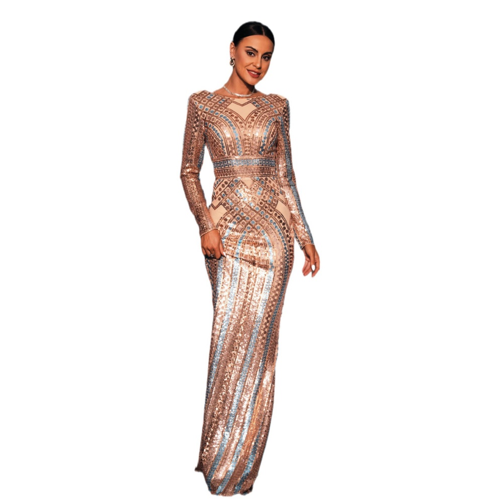 Sequins slim long evening dress banquet round neck dress