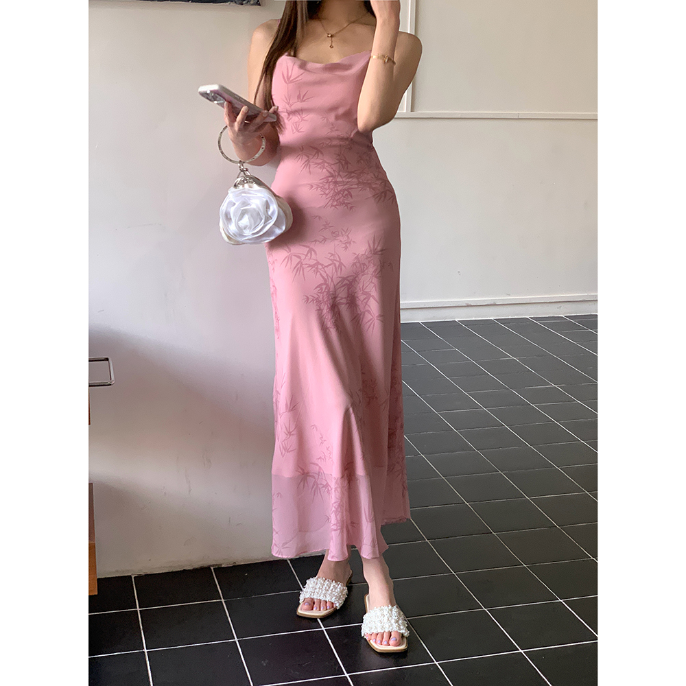 Printing pink strap dress summer dress for women