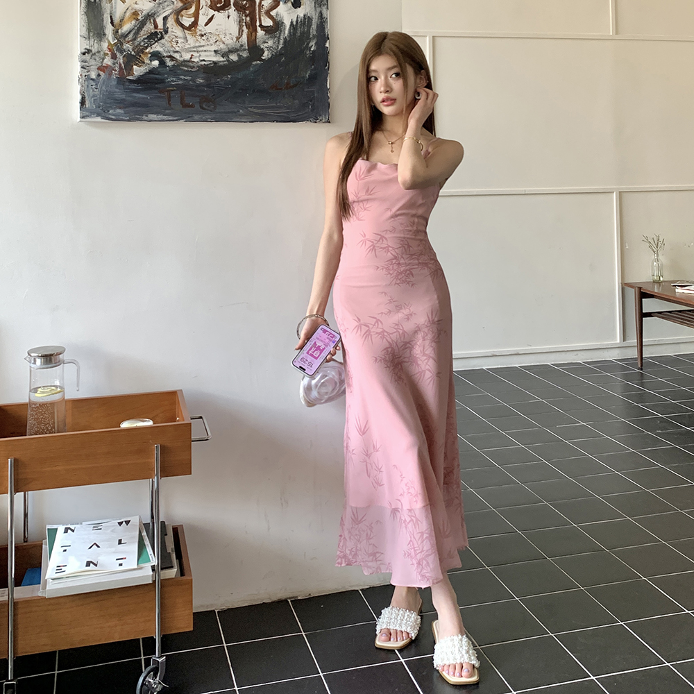 Printing pink strap dress summer dress for women