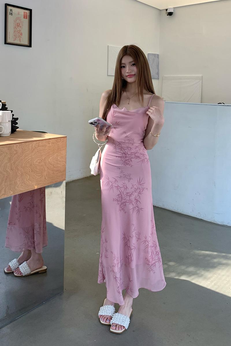 Printing pink strap dress summer dress for women