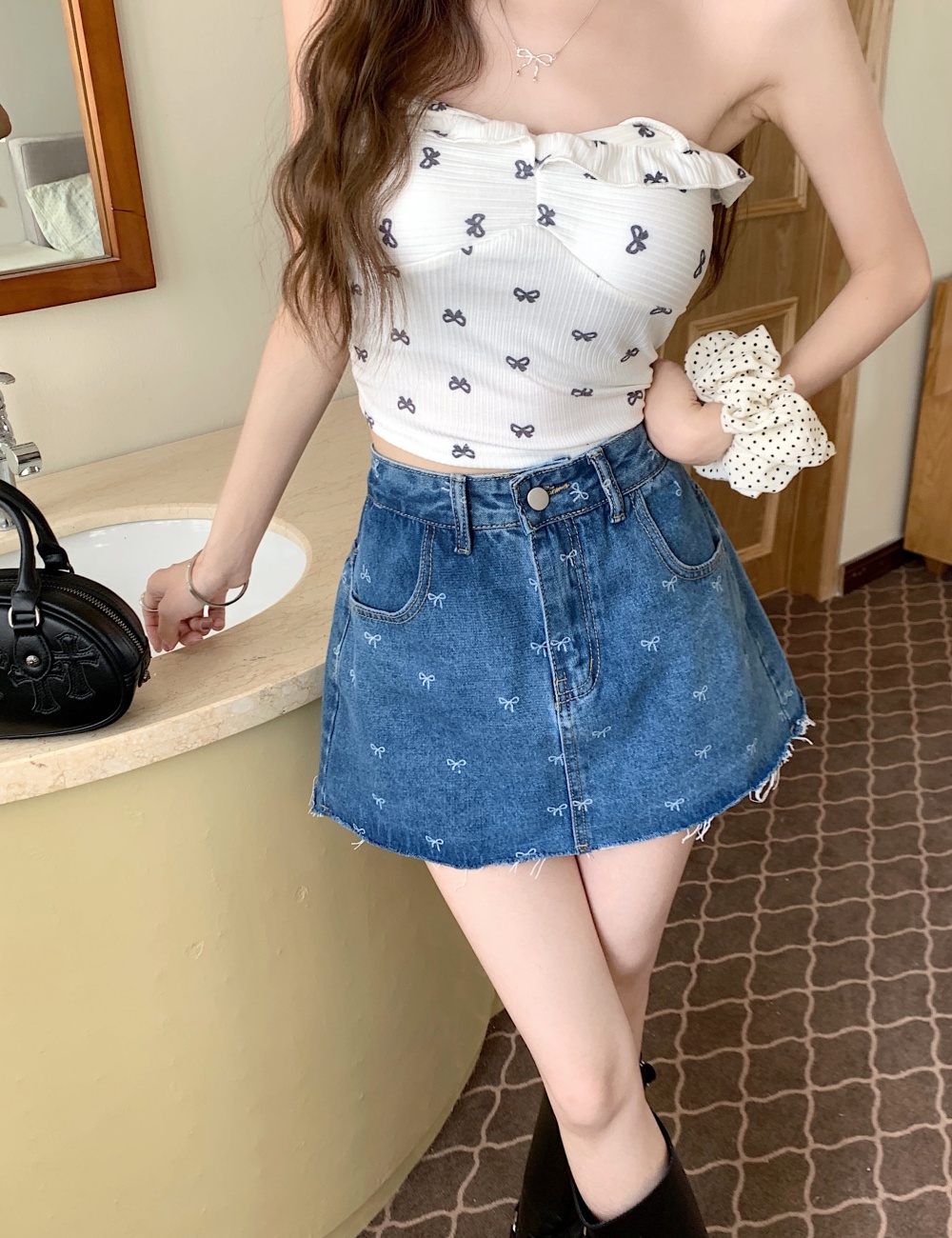 Summer package hip short skirt high waist denim skirt