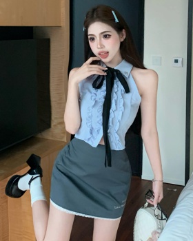 Blue lace college shirt temperament gray skirt 2pcs set