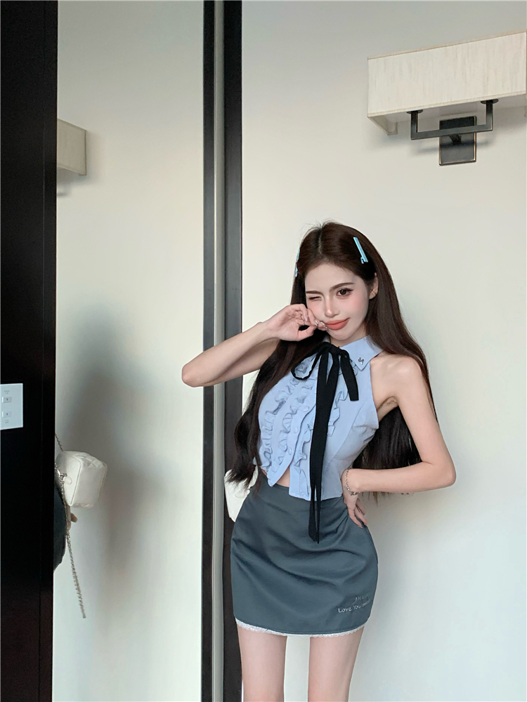 Blue lace college shirt temperament gray skirt 2pcs set