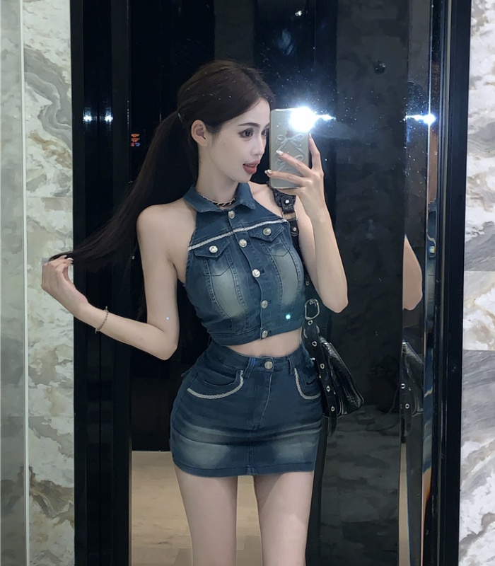 Denim summer skirt halter package hip tops a set for women