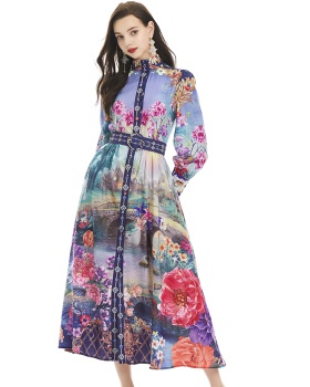 Printing retro jumpsuit single-breasted long dress