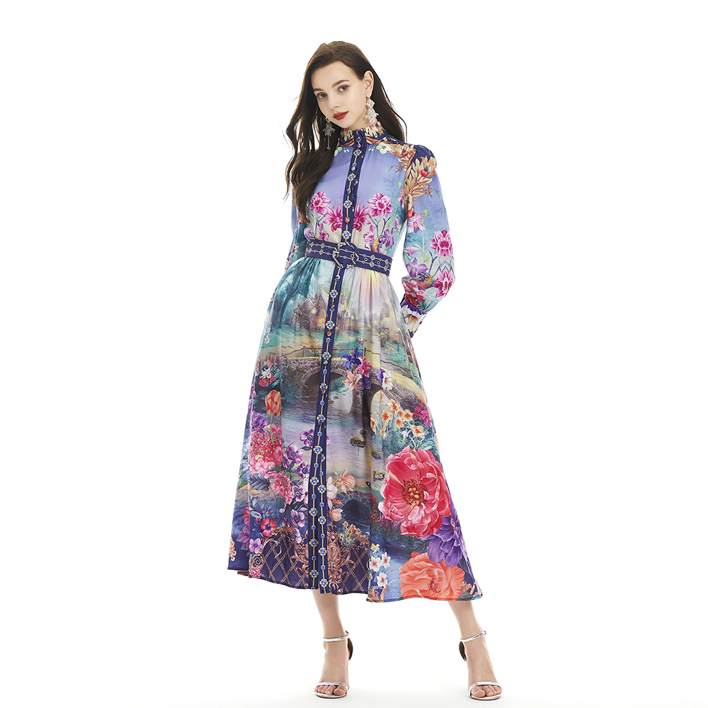 Printing retro jumpsuit single-breasted long dress