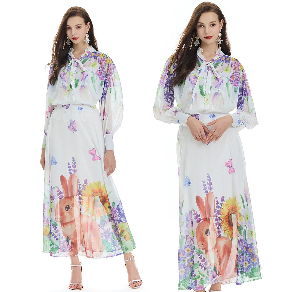 Lotus leaf collar vacation printing long skirt 3pcs set